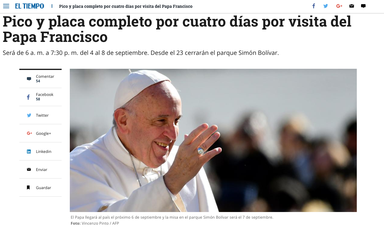 Pico y placa completo por cuatro días por visita del Papa Francisco