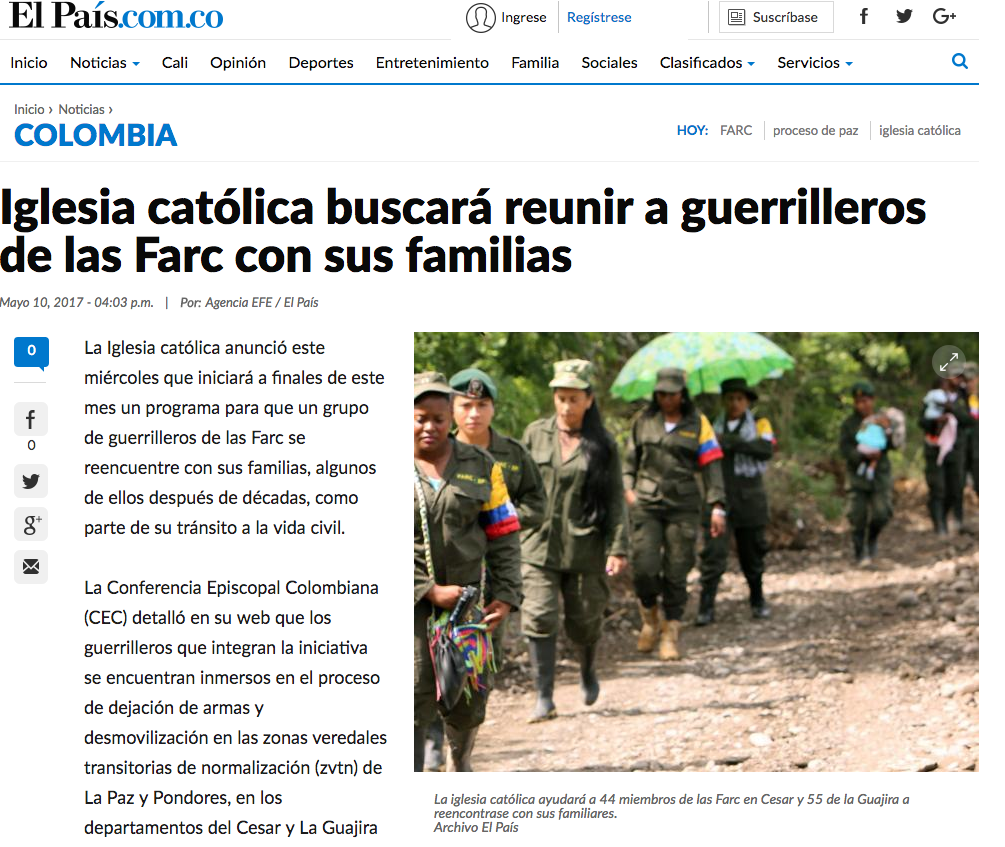 Iglesia católica buscará reunir a guerrilleros de las Farc con sus familias
