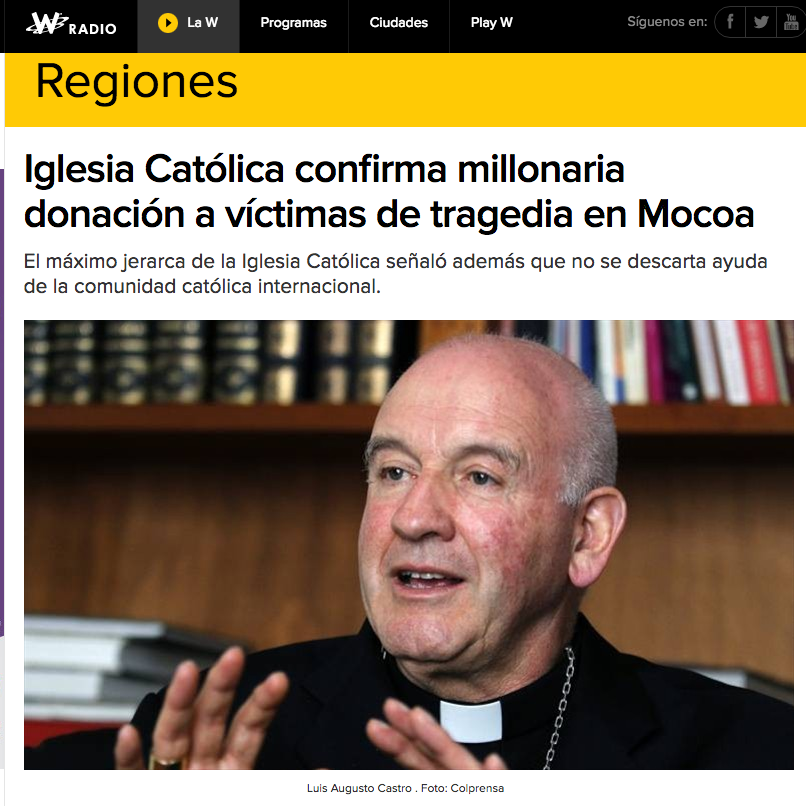 Iglesia Católica confirma millonaria donación a víctimas de tragedia en Mocoa
