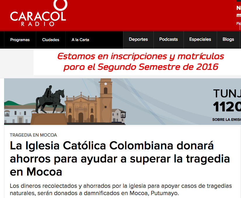 La Iglesia Católica Colombiana donará ahorros para ayudar a superar la tragedia en Mocoa