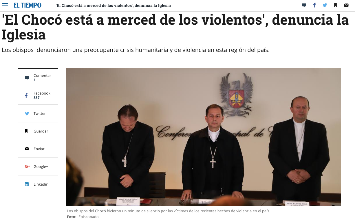'El Chocó está a merced de los violentos', denuncia la Iglesia
