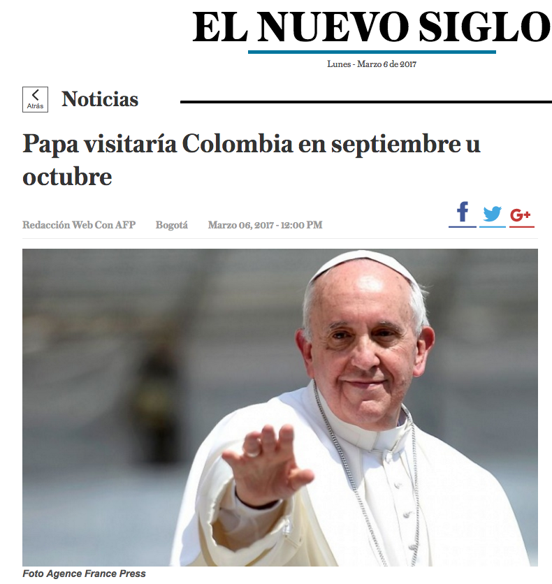 Papa visitaría Colombia en septiembre u octubre