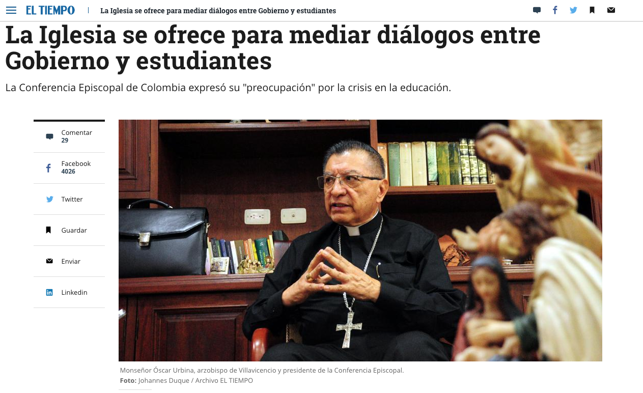 La Iglesia se ofrece para mediar diálogos entre Gobierno y estudiantes