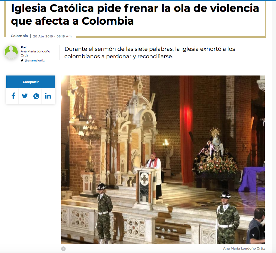 Iglesia Católica pide frenar la ola de violencia que afecta a Colombia