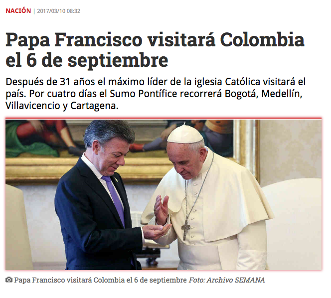 Papa Francisco visitará Colombia el 6 de septiembre