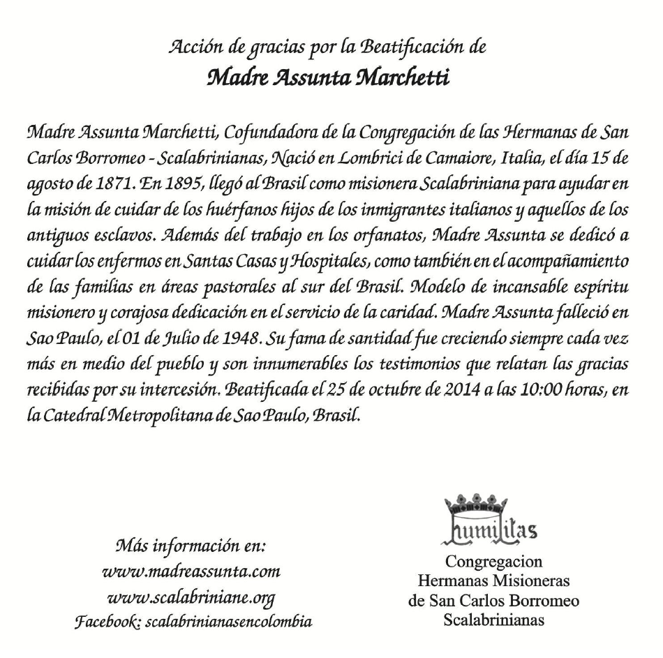 Invitación a la celebración de la Eucaristía en Acción de Gracias por la  Beatificación de Madre Assunta Marchetti | El Catolicismo