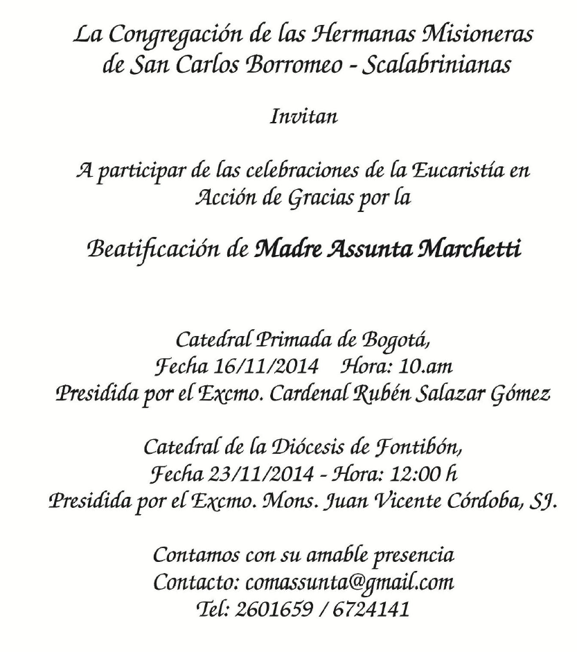 Invitación a la celebración de la Eucaristía en Acción de Gracias por la  Beatificación de Madre Assunta Marchetti | El Catolicismo