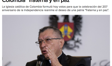 Iglesia católica hace votos por una Colombia "fraterna y en paz"